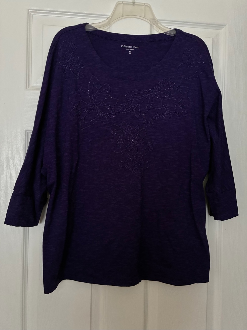 Coldwater Creek Purple Floral Embroidery and Beading Scoop Neck Top XL EUC
